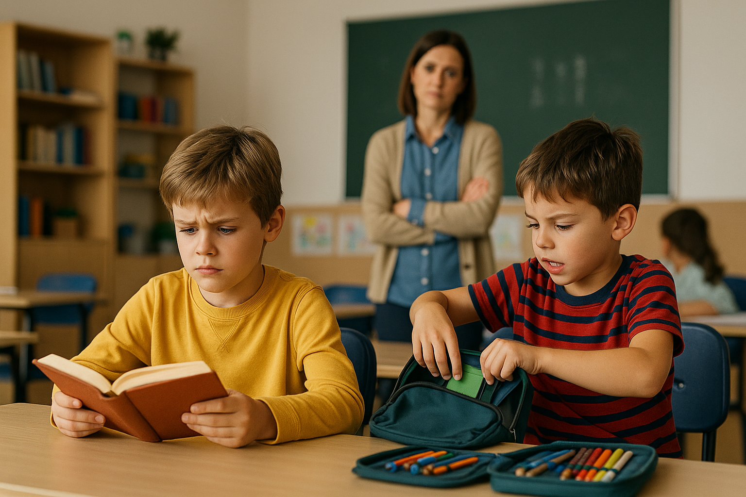 Criancas-com-dislexia-TDAH-e-TEA-em-sala-de-aula-inclusiva-sendo-observadas-com-atencao-pela-professora.